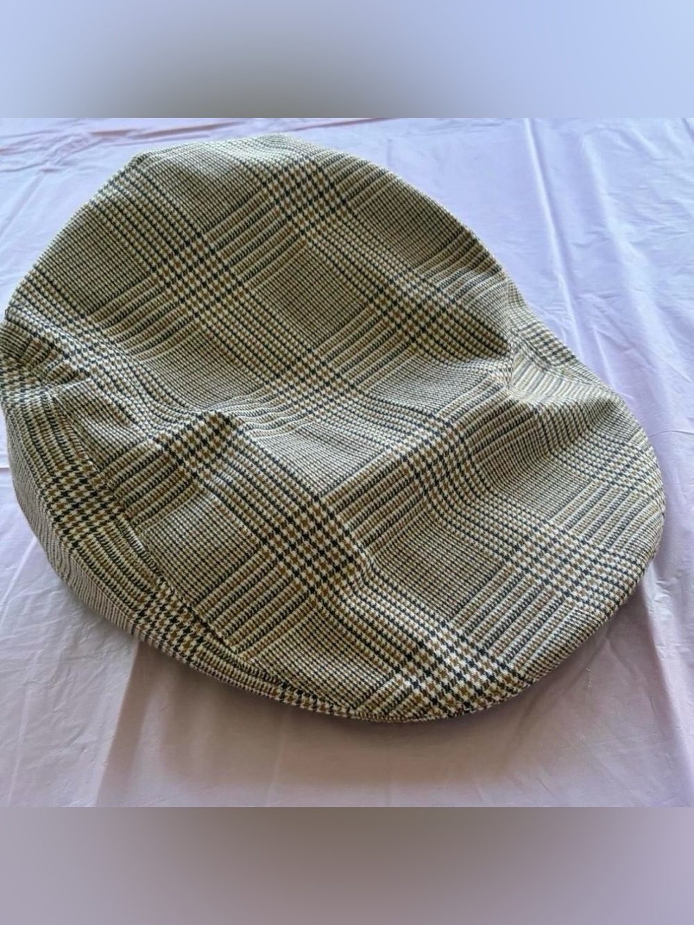 Vintage Classic Plaid Newsboy Cap Hat Beige Black 90s Retro Rockabilly S S/M